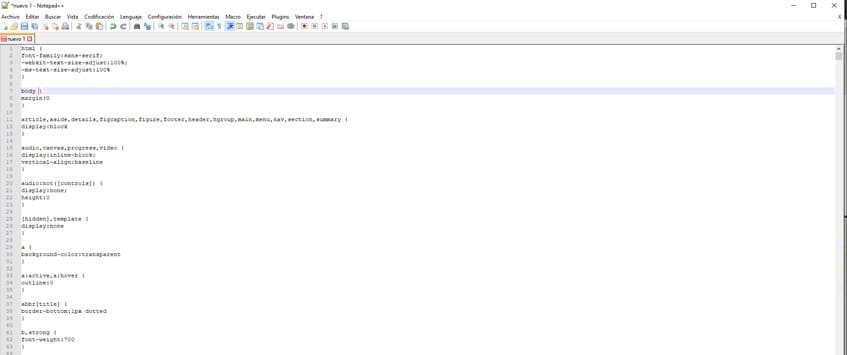 Codigo css sin comprimir en Notepad