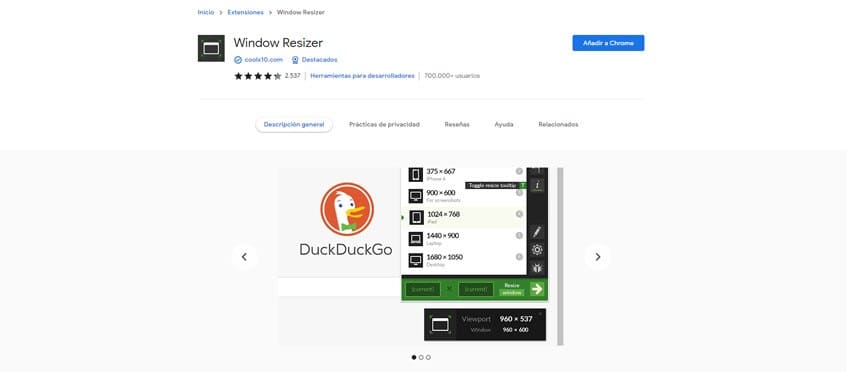 Window Resizer Extensión de Chrome