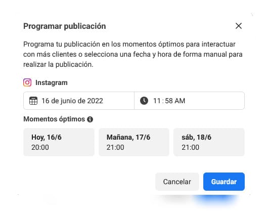 momento optimo publicar en instagram con herramienta publicación de facebook