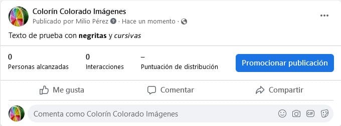 Ejemplo de publicación en Facebook de negritas y cursivas