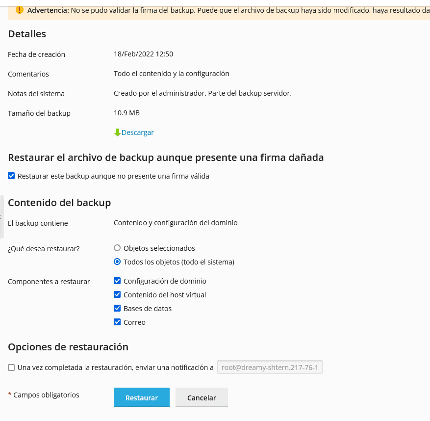 Restauración de una copia de seguridad en el panel de control de plesk.